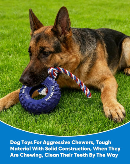 Deeow Dog Tire Toy 6 inch - Treat Dispensing Chew Toy for Aggressive Chewers, Natural Rubber Durable Chew Bone for Medium Large Dogs, Mental Stimulation Puzzle Feeder Interactive Pet Toy-Blue