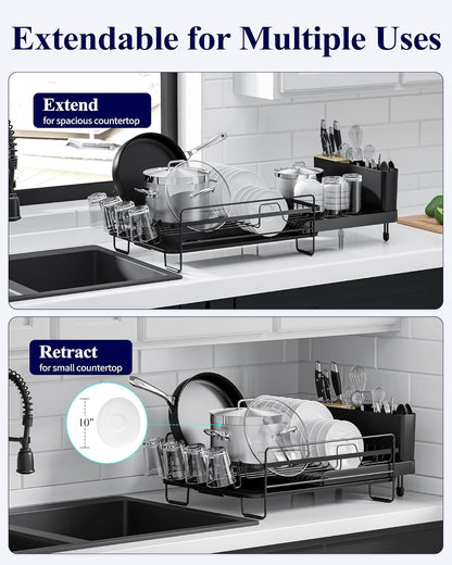 Kitsure Large Dish Drying Rack - Extendable Dish Rack, Multifunctional Dish Rack for Kitchen Counter, Anti-Rust Dish Drainers with Cutlery & Cup Holders 19.2"-26.7" L x 12.9" W, Black