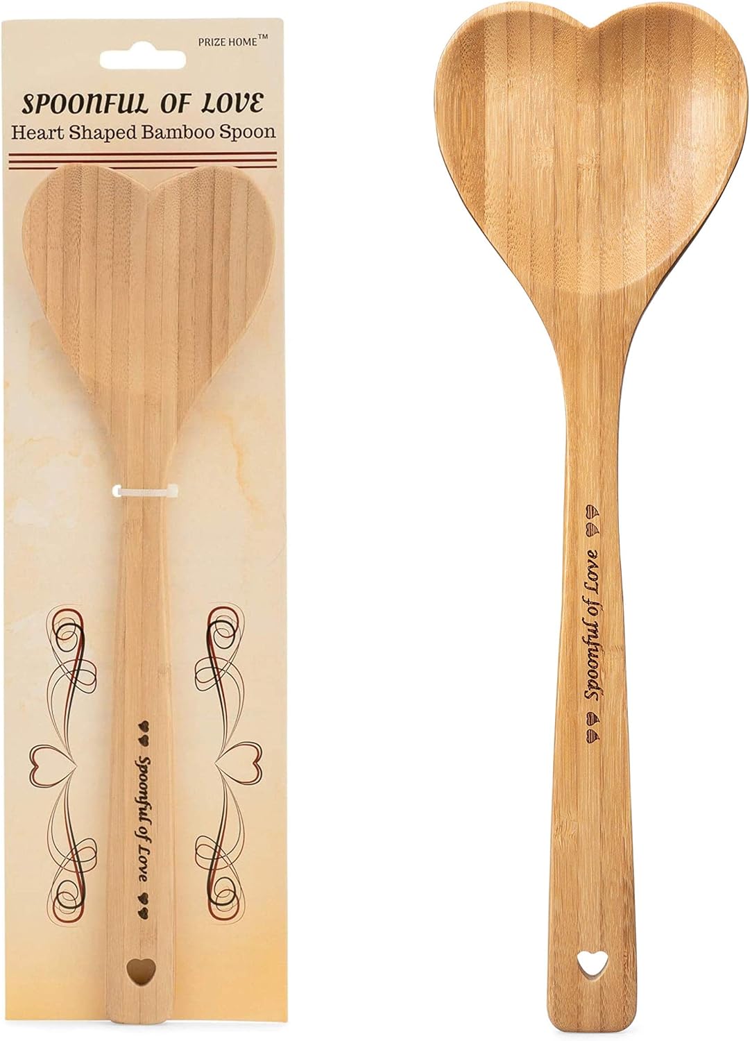 Heart Shaped Bamboo Spoon - Engraved SPOONFUL OF LOVE Wooden Serving Mixing Spoon - Vintage Country Kitchen Wood Utensil - Unique Gift Idea by PRIZE HOME