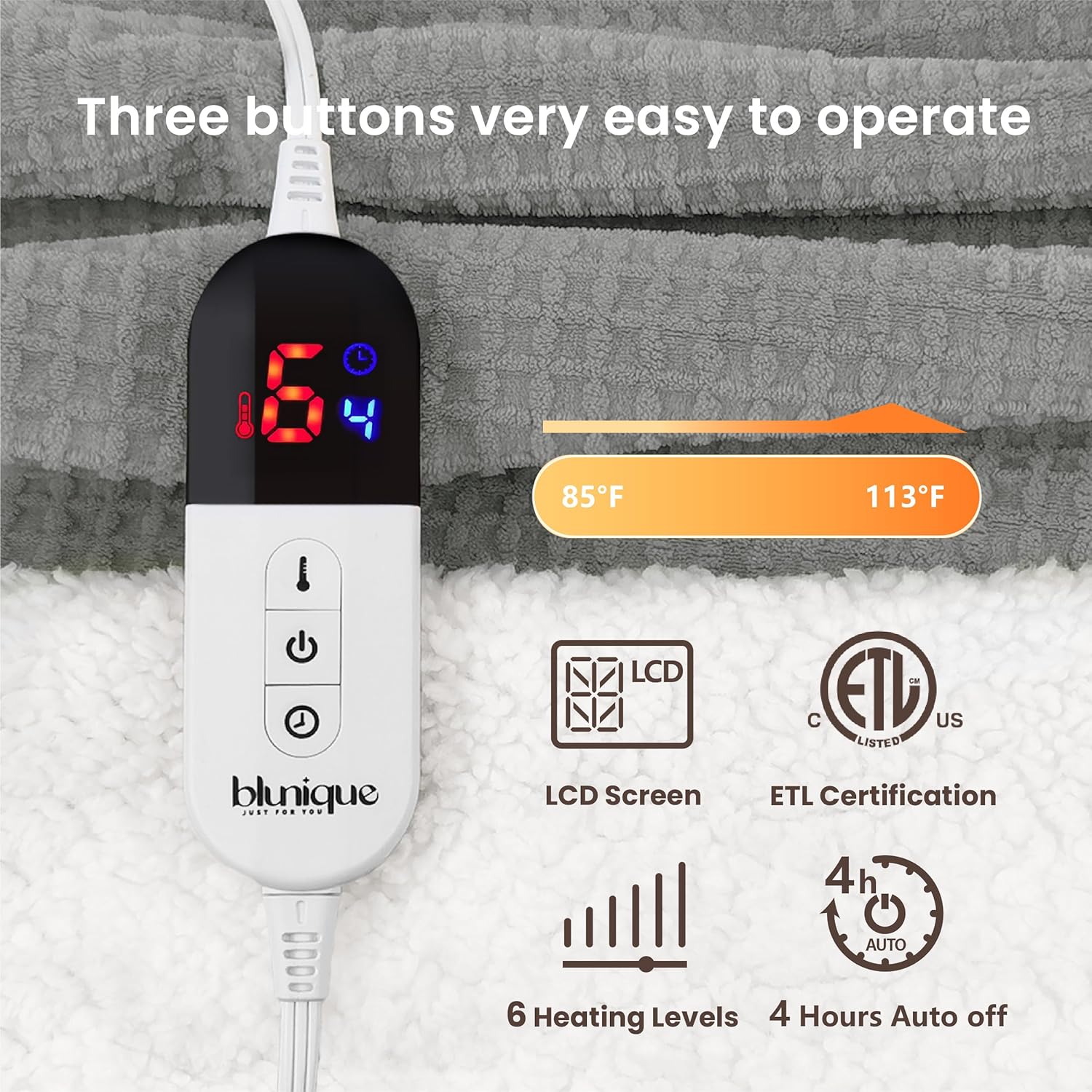 Heated Blanket Electric Throw Waffle, 50x60 Inches Sherpa Fleece Fast Heating Blanket 6 Heating Levels & 4 Hours Auto Off ETL Certification, Grey Throw