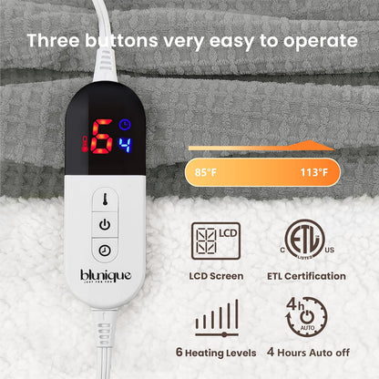 Heated Blanket Electric Throw Waffle, 50x60 Inches Sherpa Fleece Fast Heating Blanket 6 Heating Levels & 4 Hours Auto Off ETL Certification, Grey Throw