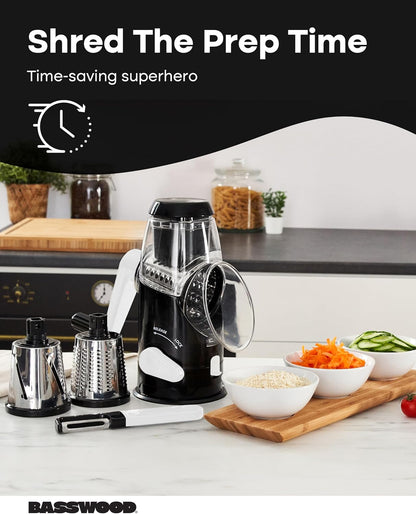 BASSWOOD Rotary Cheese Grater with Handle - Mandoline Slicer with 3 Stainless Steel Drum Blades-Vegetable Slicer Walnuts Grinder Cheese Shredder Round Mandoline with Peeler (Black)