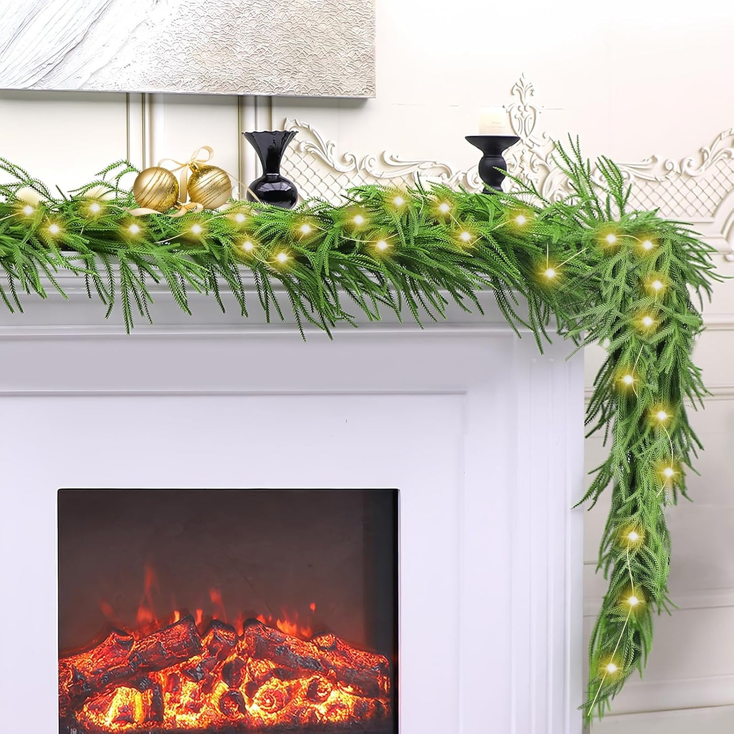 2Pcs 6 Ft Artificial Norfolk Pine Garland with 50 LED Lights,Winter Pine Christmas Garland with Lights,Real Touch Faux Greenery Garland for Mantle Fireplace,Table,Window,Outdoor Christmas Decorations