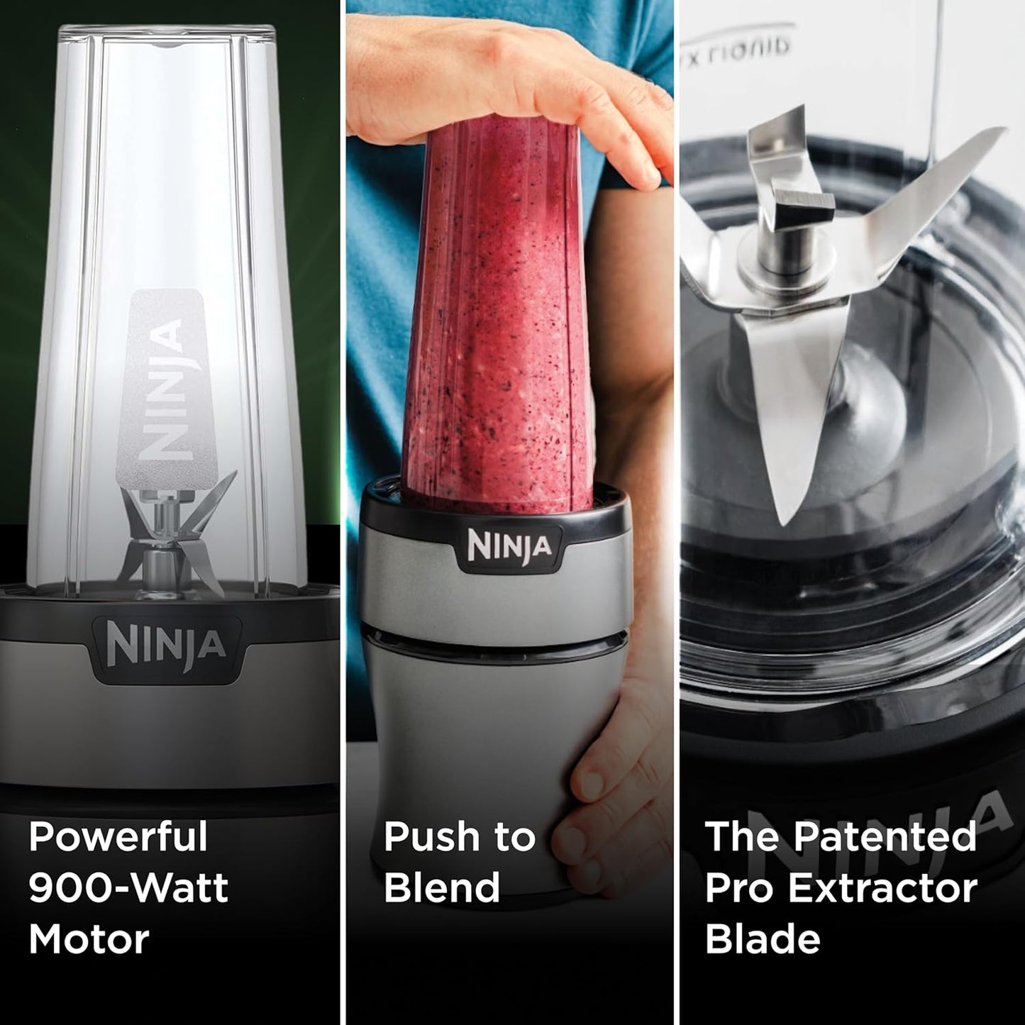Ninja BN301 Nutri-Blender Plus Compact Personal Blender, 900-Peak-Watt Motor, Frozen Drinks, Smoothies, Sauces & More, (3) 20 oz. To-Go Cups, (2) Spout-Lids (1) Storage-Lid, Dishwasher Safe, Silver