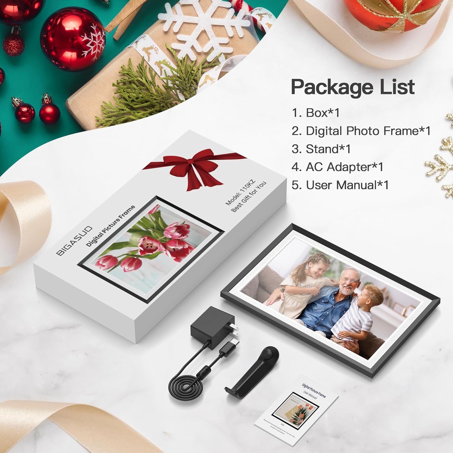 BIGASUO 10.1" WiFi Digital Picture Frame with LED Light, 1280 * 800 HD Touch Screen Smart Photo Frame, 32GB Memory, Support USB/SD Card, Auto-Rotate, Share Photos/Videos Remotely via Uhale APP