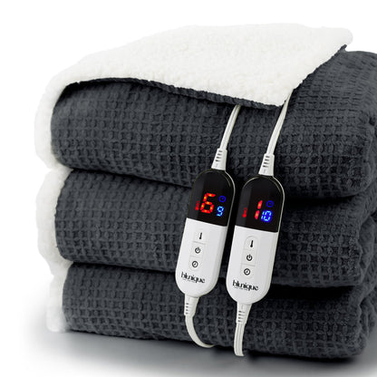 Heated Blanket Electric Throw Waffle, 50x60 Inches Sherpa Fleece Fast Heating Blanket 6 Heating Levels & 4 Hours Auto Off ETL Certification, Grey Throw