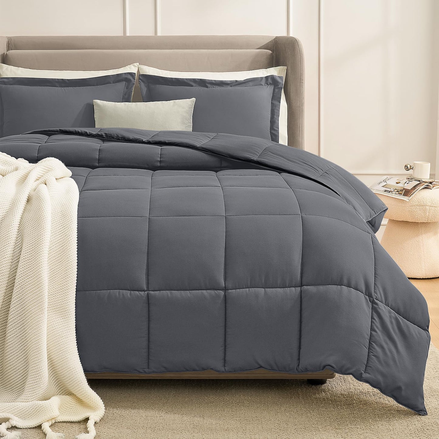 Homelike Moment Queen Comforter Set Grey, Comforters Queen Size Set, Soft Lightweight Down Alternative Bed Comforter Full Size Reversible All Season 3 Pieces Bedding Sets Grey/Light Gray