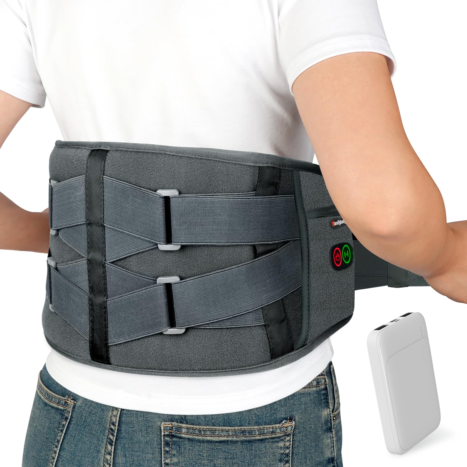 Comfytemp Cordless Heating Pad with Massager for Back Pain Relief, Portable Lower Back Massager, Birthday Gifts for Dad Mom Men Women, 3 Heat Auto-Off 58" Grey Yellow