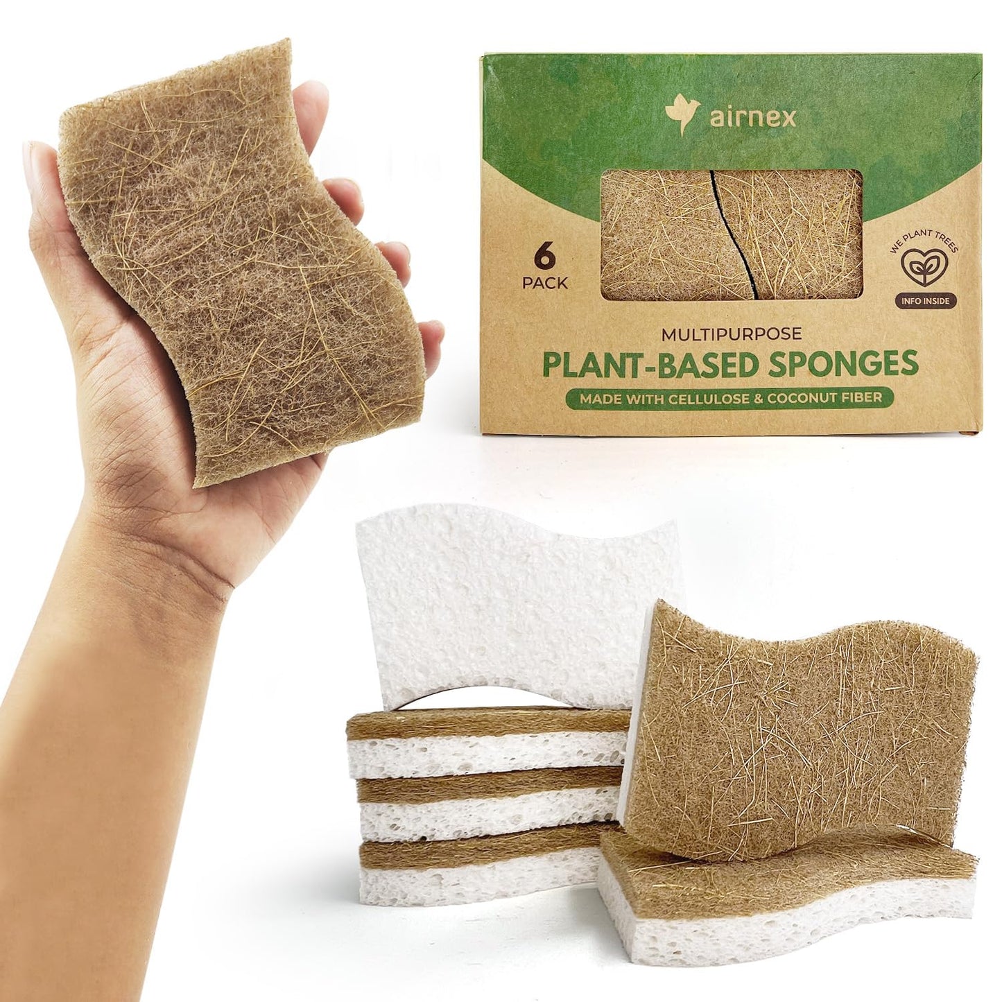 Biodegradable Natural Kitchen Sponge - Compostable Cellulose and Coconut Walnut Scrubber Sponge (12 Pack)