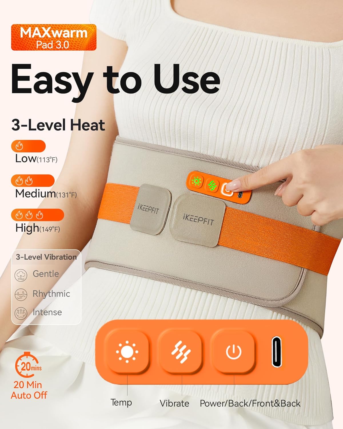 IKEEPFIT® Heating Pad for Back Pain Relief: MAXwarm® 3.0, Portable Cordless Heat Pad with Massager for Period Cramps, 8000mAh Large Battery, FSA Eligible HSA, Christmas Gift for Women Men 90-310 lbs