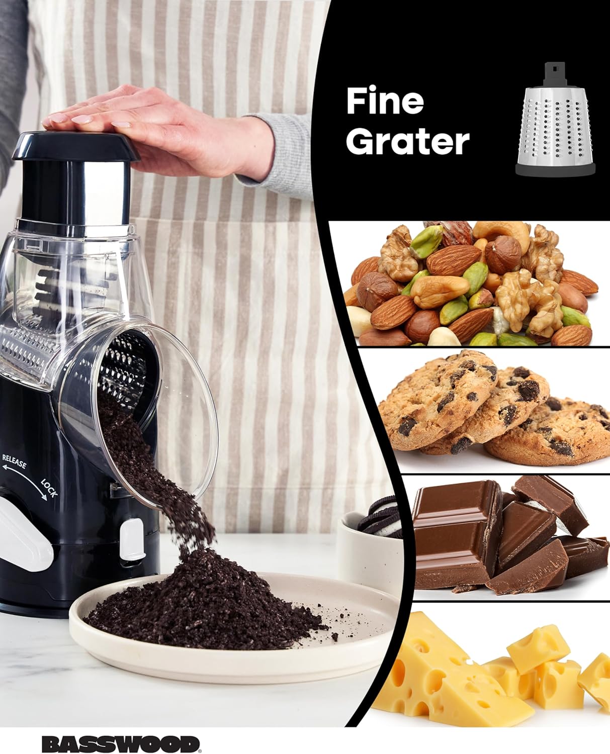 BASSWOOD Rotary Cheese Grater with Handle - Mandoline Slicer with 3 Stainless Steel Drum Blades-Vegetable Slicer Walnuts Grinder Cheese Shredder Round Mandoline with Peeler (Black)