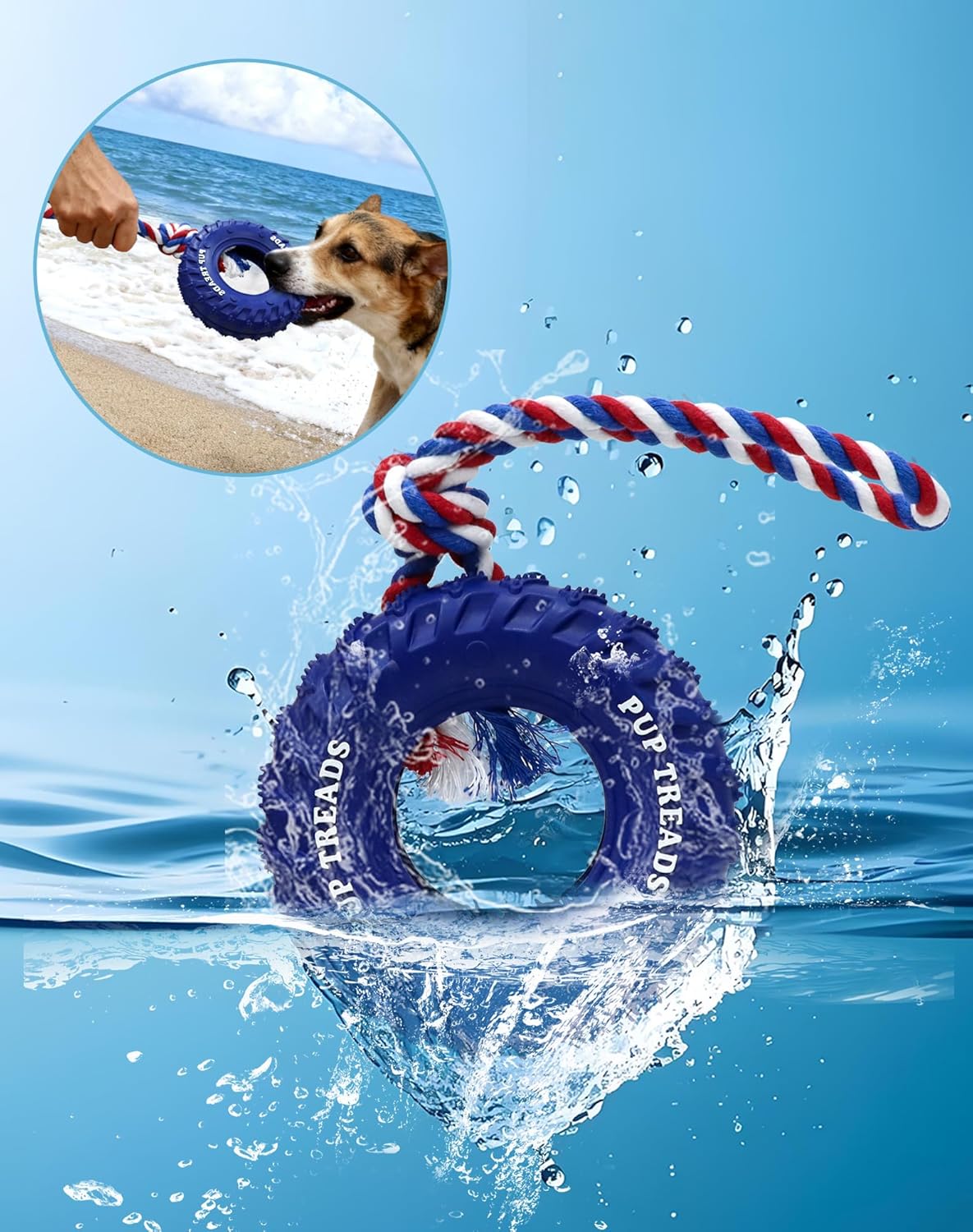 Deeow Dog Tire Toy 6 inch - Treat Dispensing Chew Toy for Aggressive Chewers, Natural Rubber Durable Chew Bone for Medium Large Dogs, Mental Stimulation Puzzle Feeder Interactive Pet Toy-Blue
