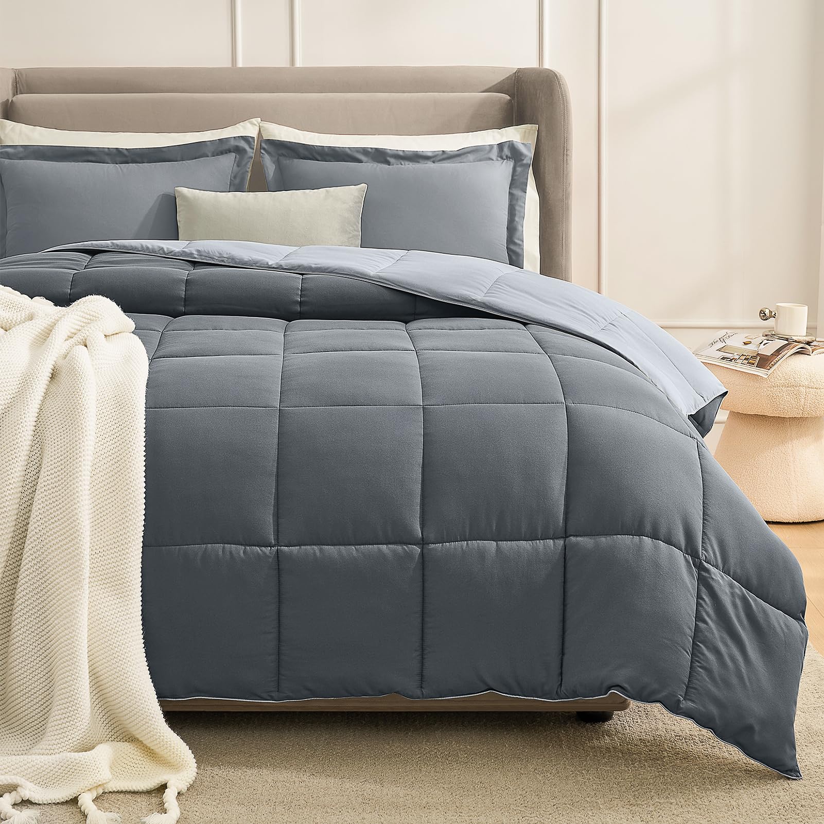 Homelike Moment Queen Comforter Set Grey, Comforters Queen Size Set, Soft Lightweight Down Alternative Bed Comforter Full Size Reversible All Season 3 Pieces Bedding Sets Grey/Light Gray
