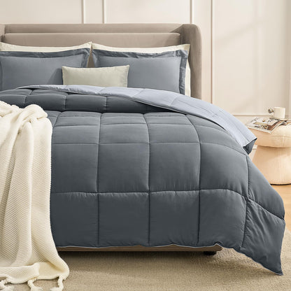 Homelike Moment Queen Comforter Set Grey, Comforters Queen Size Set, Soft Lightweight Down Alternative Bed Comforter Full Size Reversible All Season 3 Pieces Bedding Sets Grey/Light Gray