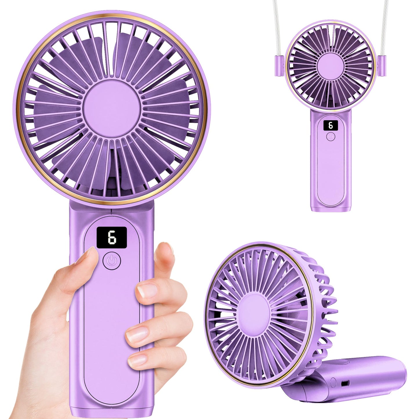 Handheld Fan, Portable Fan, 4000mAh Rechargeable Personal Fan, 180° Foldable Mini Desk Fan with 6 Wind Speed, LCD Digital Display, Lanyard as Neck Fan, Ultra Quiet, Pocket Size for Indoor Outdoor