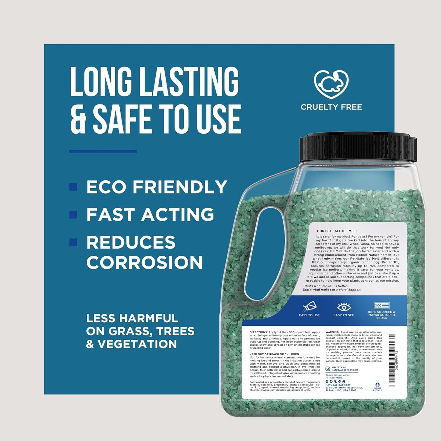 Natural Rapport Pet Friendly Ice Melt - Calcium Chloride Free, Pet Safe Ice Melter, Rock Salt Alternative - Time Release Deicer Formula Lasts 3X Longer (35 lb)