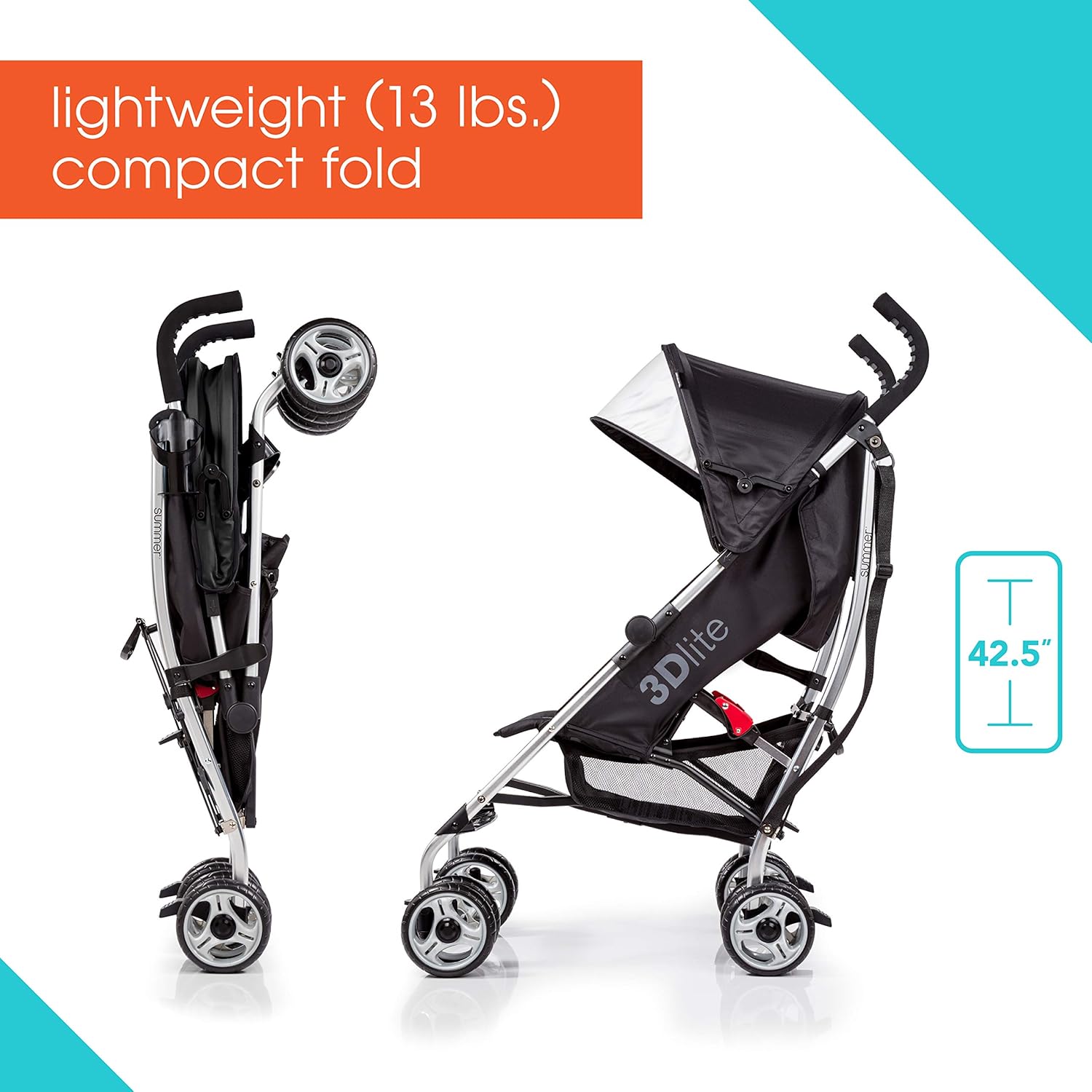 3Dlite Convenience Stroller, Black – Lightweight, with Aluminum Frame, Large Seat Area, Mesh Siding, 4 Position Recline, Extra Large Storage Basket – for Travel