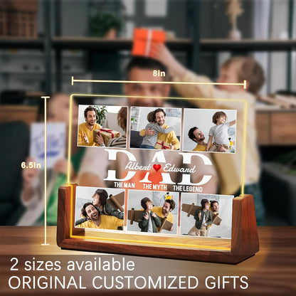 Fathers Day Personalized Gifts for Dad from Daughter Son Kids, Customized Acrylic Plaque LED Walnut Frame with Photos Night Light, Christmas Birthday Gifts for Dad Father PAPA Husband