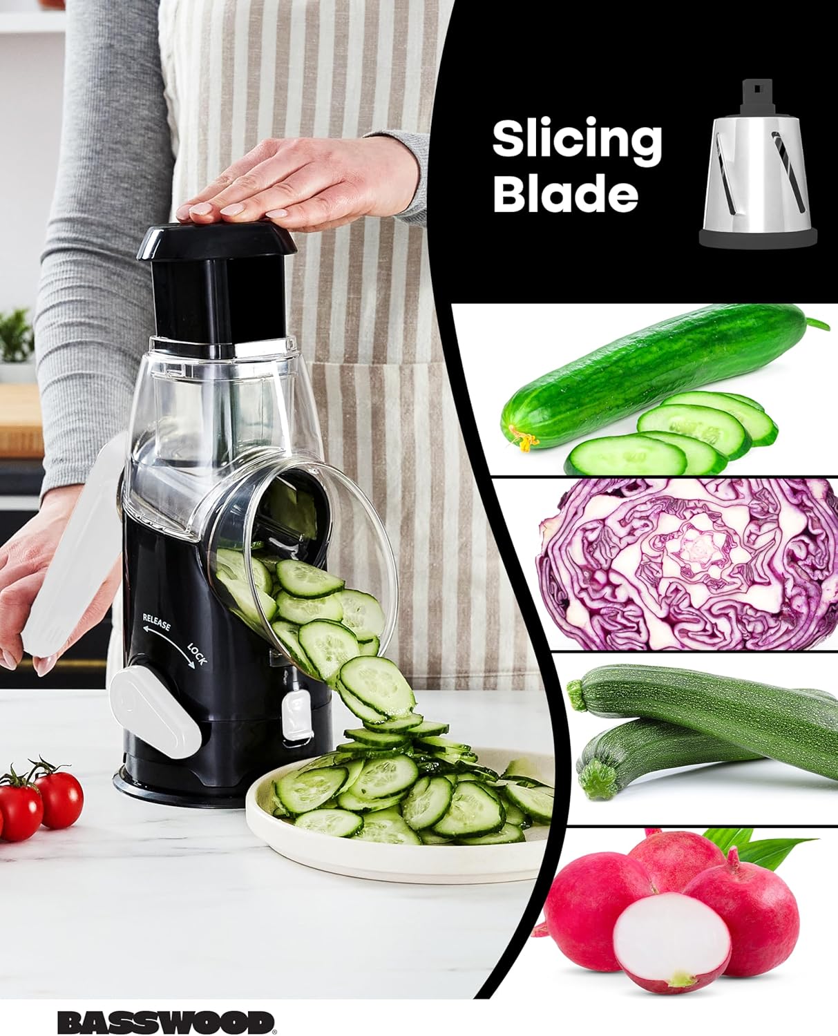 BASSWOOD Rotary Cheese Grater with Handle - Mandoline Slicer with 3 Stainless Steel Drum Blades-Vegetable Slicer Walnuts Grinder Cheese Shredder Round Mandoline with Peeler (Black)
