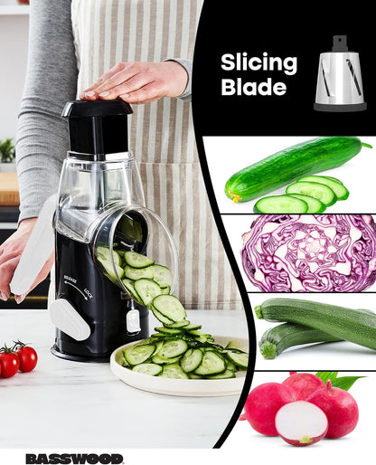 BASSWOOD Rotary Cheese Grater with Handle - Mandoline Slicer with 3 Stainless Steel Drum Blades-Vegetable Slicer Walnuts Grinder Cheese Shredder Round Mandoline with Peeler (Black)
