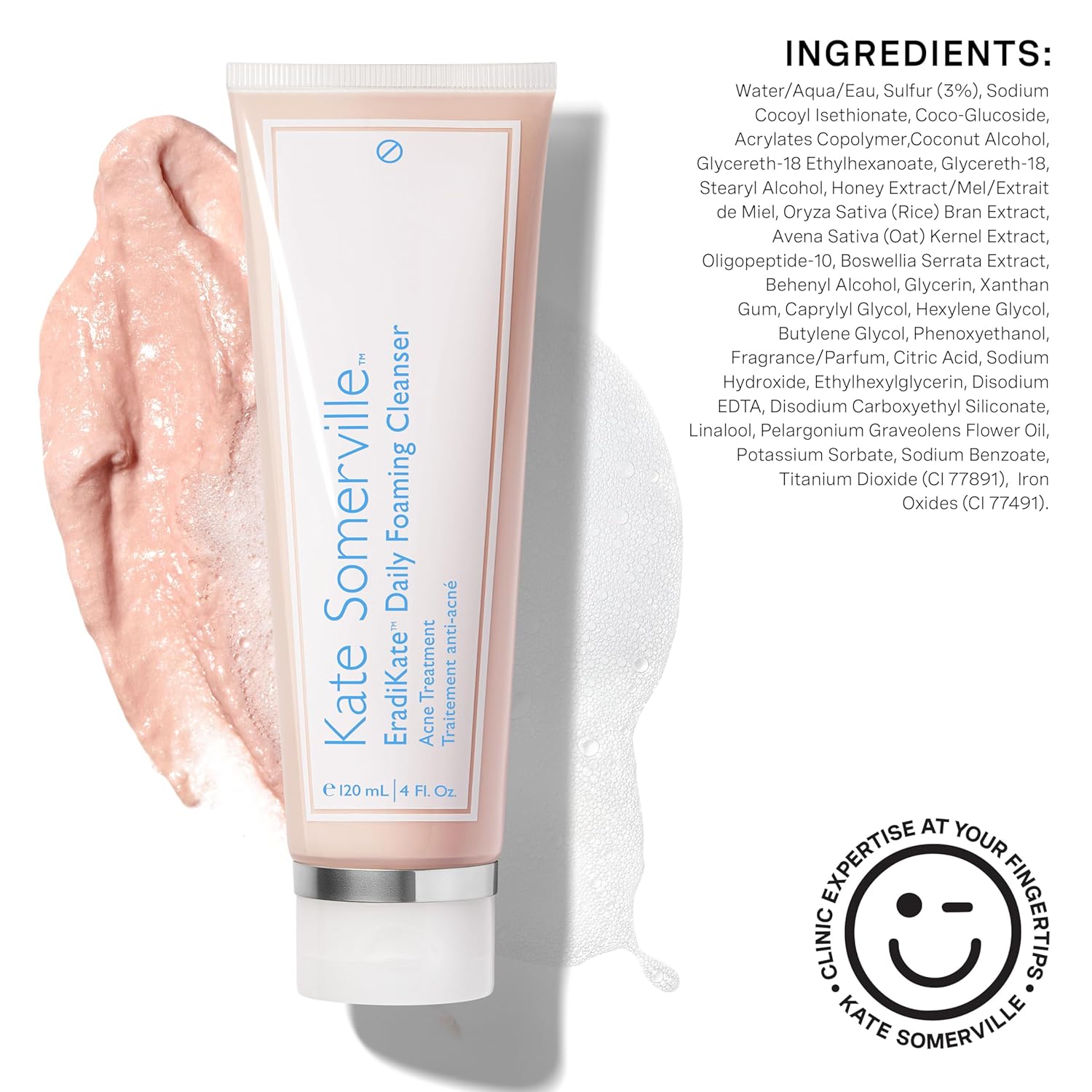 Kate Somerville EradiKate 3% Sulfur Daily Foaming Cleanser Acne Treatment – Clinically Formulated Medicated Face Wash Balances Skin and Cleans Pores, 4 Fl Oz