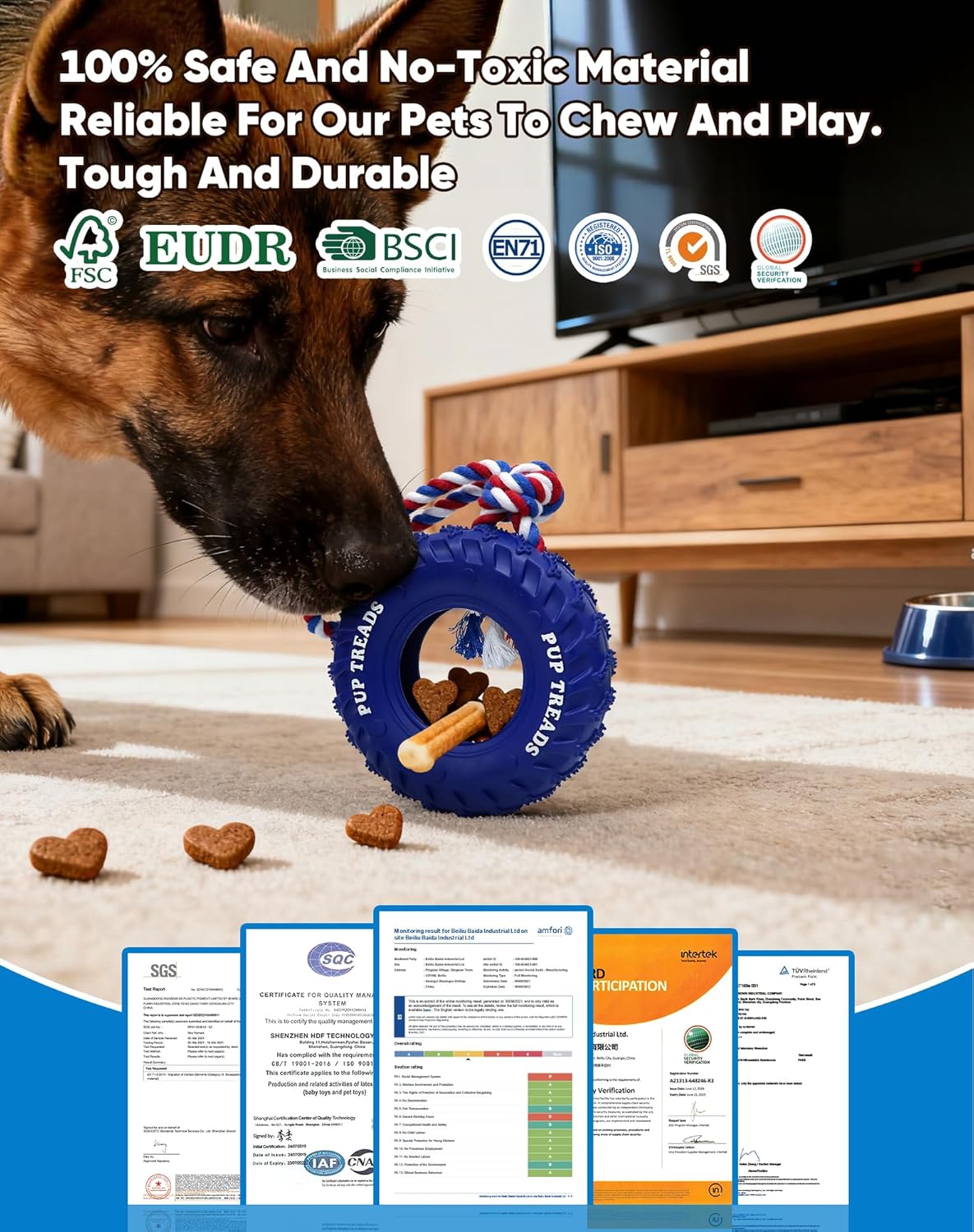 Deeow Dog Tire Toy 6 inch - Treat Dispensing Chew Toy for Aggressive Chewers, Natural Rubber Durable Chew Bone for Medium Large Dogs, Mental Stimulation Puzzle Feeder Interactive Pet Toy-Blue