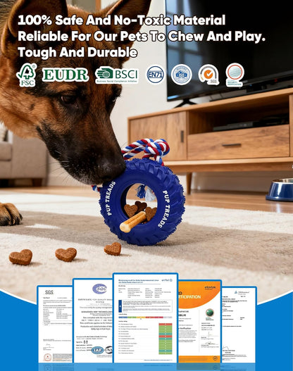 Deeow Dog Tire Toy 6 inch - Treat Dispensing Chew Toy for Aggressive Chewers, Natural Rubber Durable Chew Bone for Medium Large Dogs, Mental Stimulation Puzzle Feeder Interactive Pet Toy-Blue