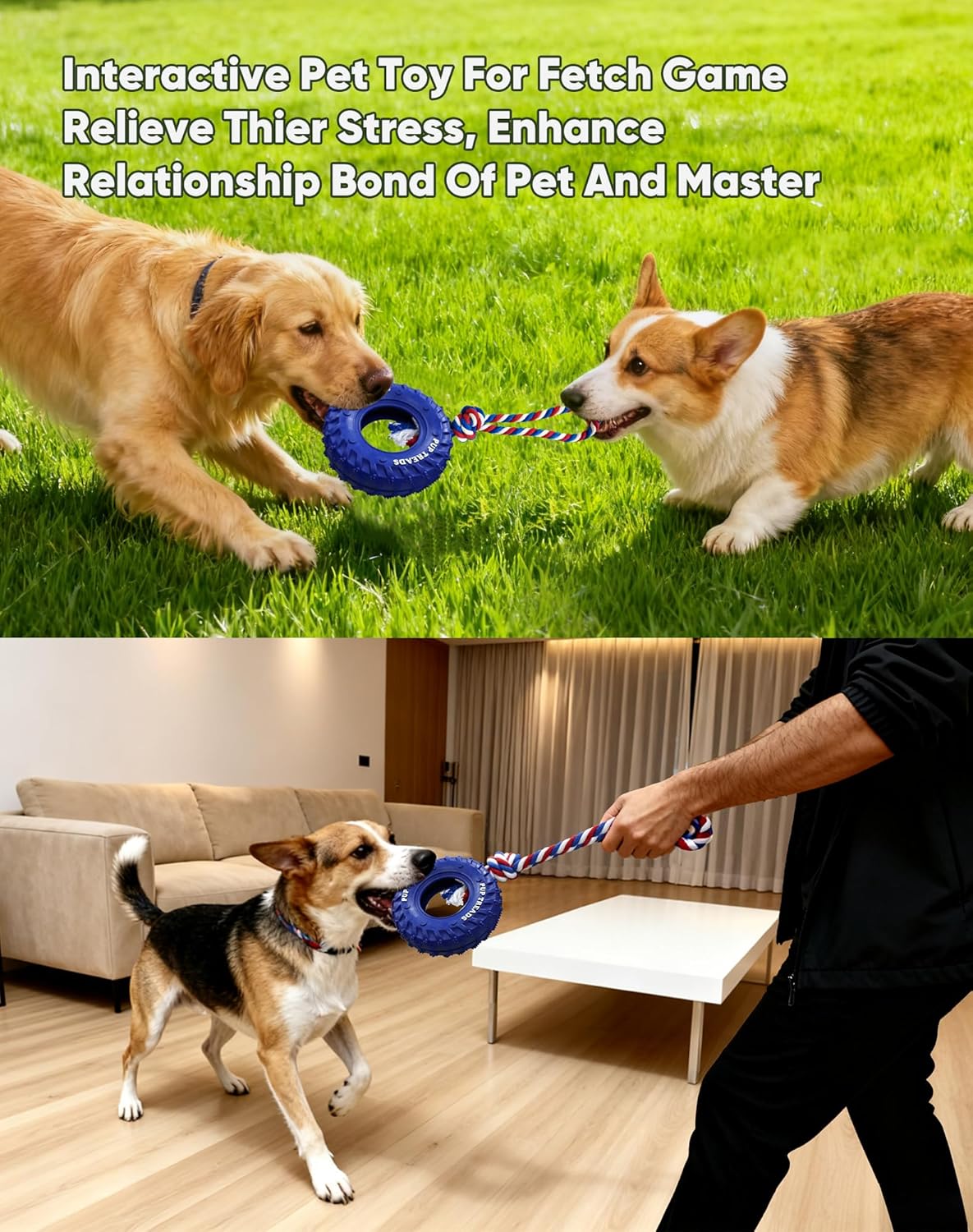 Deeow Dog Tire Toy 6 inch - Treat Dispensing Chew Toy for Aggressive Chewers, Natural Rubber Durable Chew Bone for Medium Large Dogs, Mental Stimulation Puzzle Feeder Interactive Pet Toy-Blue