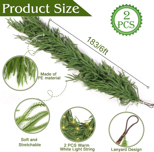 2Pcs 6 Ft Artificial Norfolk Pine Garland with 50 LED Lights,Winter Pine Christmas Garland with Lights,Real Touch Faux Greenery Garland for Mantle Fireplace,Table,Window,Outdoor Christmas Decorations