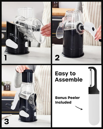 BASSWOOD Rotary Cheese Grater with Handle - Mandoline Slicer with 3 Stainless Steel Drum Blades-Vegetable Slicer Walnuts Grinder Cheese Shredder Round Mandoline with Peeler (Black)