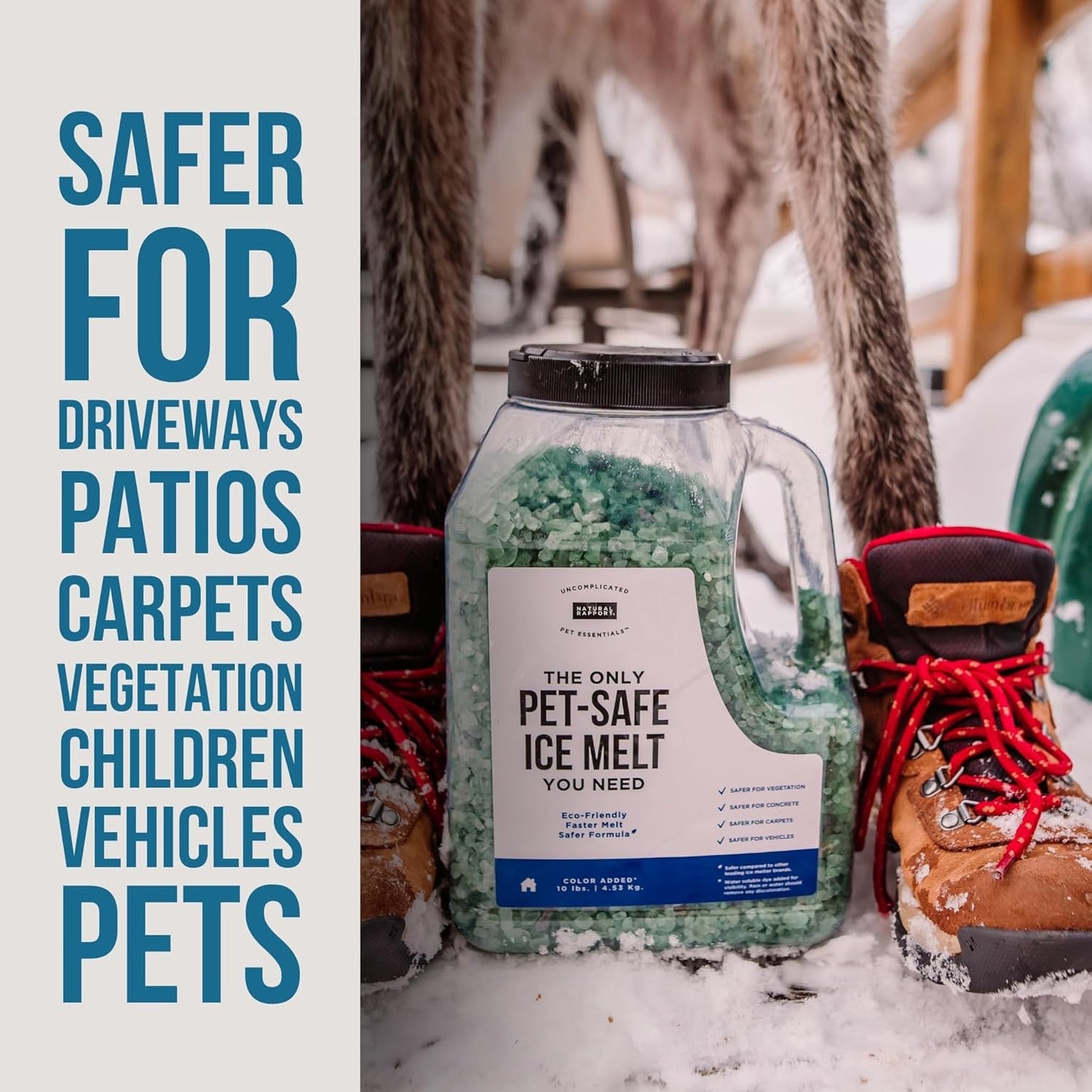 Natural Rapport Pet Friendly Ice Melt - Calcium Chloride Free, Pet Safe Ice Melter, Rock Salt Alternative - Time Release Deicer Formula Lasts 3X Longer (35 lb)