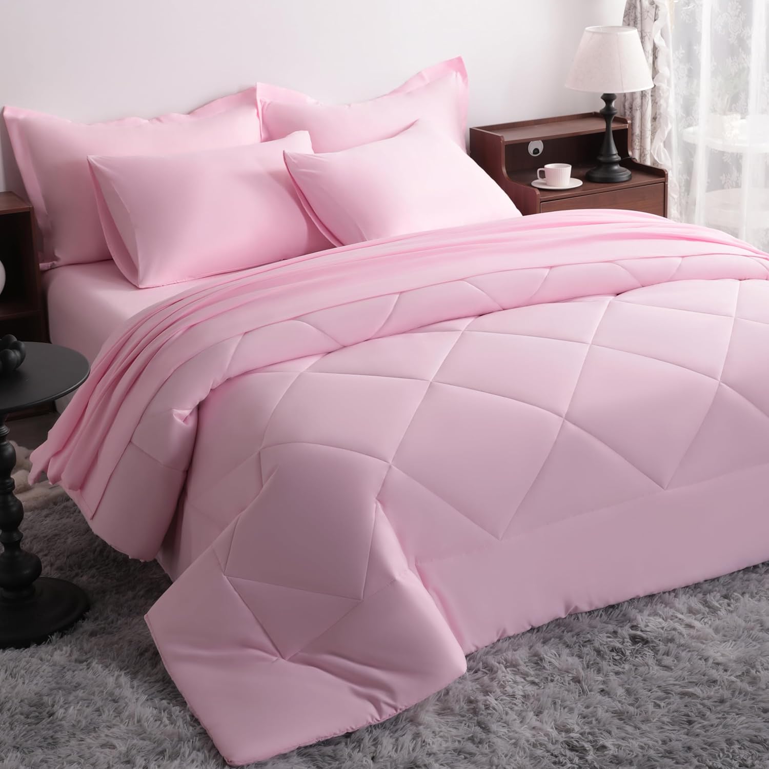 NTBAY King Comforter Set With Sheets, 7 Pieces Soft and Breathable Bedding Set, Bed in a Bag, Down Alternative Solid Color All Season, Pink