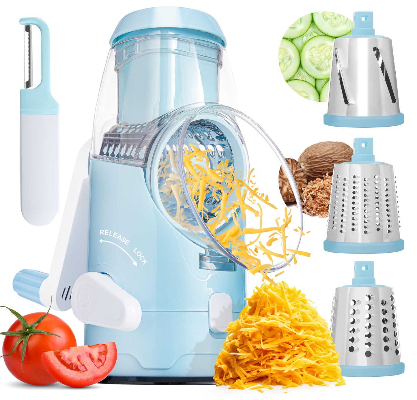 BASSWOOD Rotary Cheese Grater with Handle - Mandoline Slicer with 3 Stainless Steel Drum Blades-Vegetable Slicer Walnuts Grinder Cheese Shredder Round Mandoline with Peeler (Black)