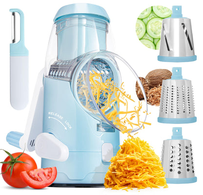 BASSWOOD Rotary Cheese Grater with Handle - Mandoline Slicer with 3 Stainless Steel Drum Blades-Vegetable Slicer Walnuts Grinder Cheese Shredder Round Mandoline with Peeler (Black)