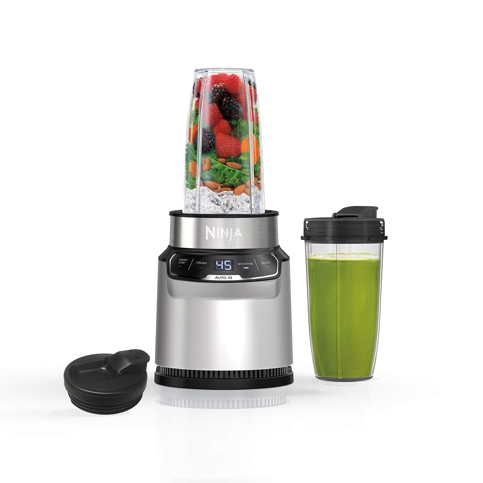 Ninja BN301 Nutri-Blender Plus Compact Personal Blender, 900-Peak-Watt Motor, Frozen Drinks, Smoothies, Sauces & More, (3) 20 oz. To-Go Cups, (2) Spout-Lids (1) Storage-Lid, Dishwasher Safe, Silver