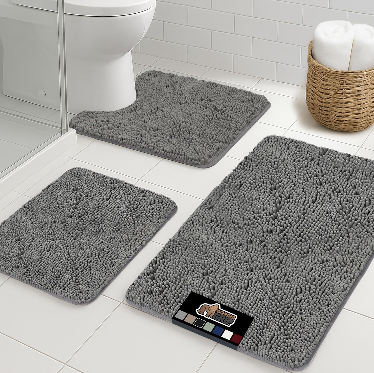 GORILLA GRIP Bathroom Rug Sets 3 Piece, Bath Mat Set and Oval Toilet Base with Rubber Backing, Plush Absorbent Shaggy Chenille Washable Mats, Includes 24x19.5, 24x17 and 36x24 Inch Rugs, Grey