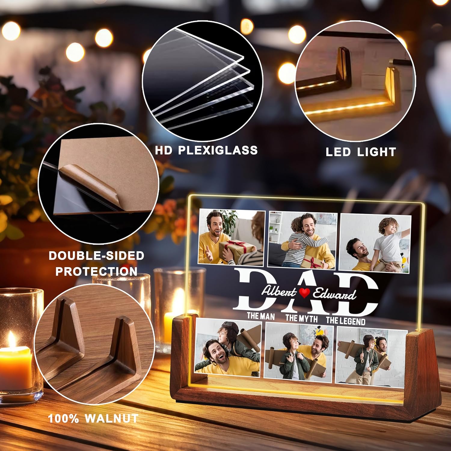 Fathers Day Personalized Gifts for Dad from Daughter Son Kids, Customized Acrylic Plaque LED Walnut Frame with Photos Night Light, Christmas Birthday Gifts for Dad Father PAPA Husband