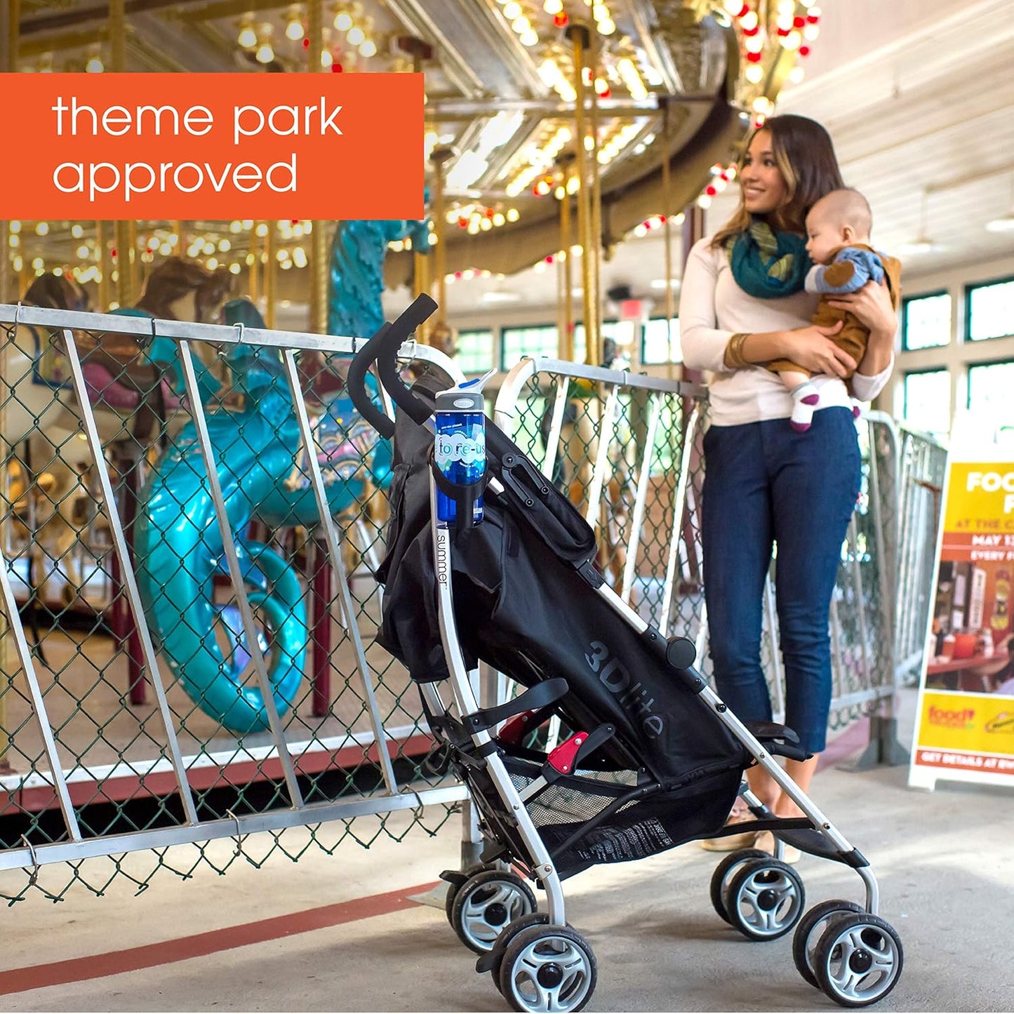 3Dlite Convenience Stroller, Black – Lightweight, with Aluminum Frame, Large Seat Area, Mesh Siding, 4 Position Recline, Extra Large Storage Basket – for Travel