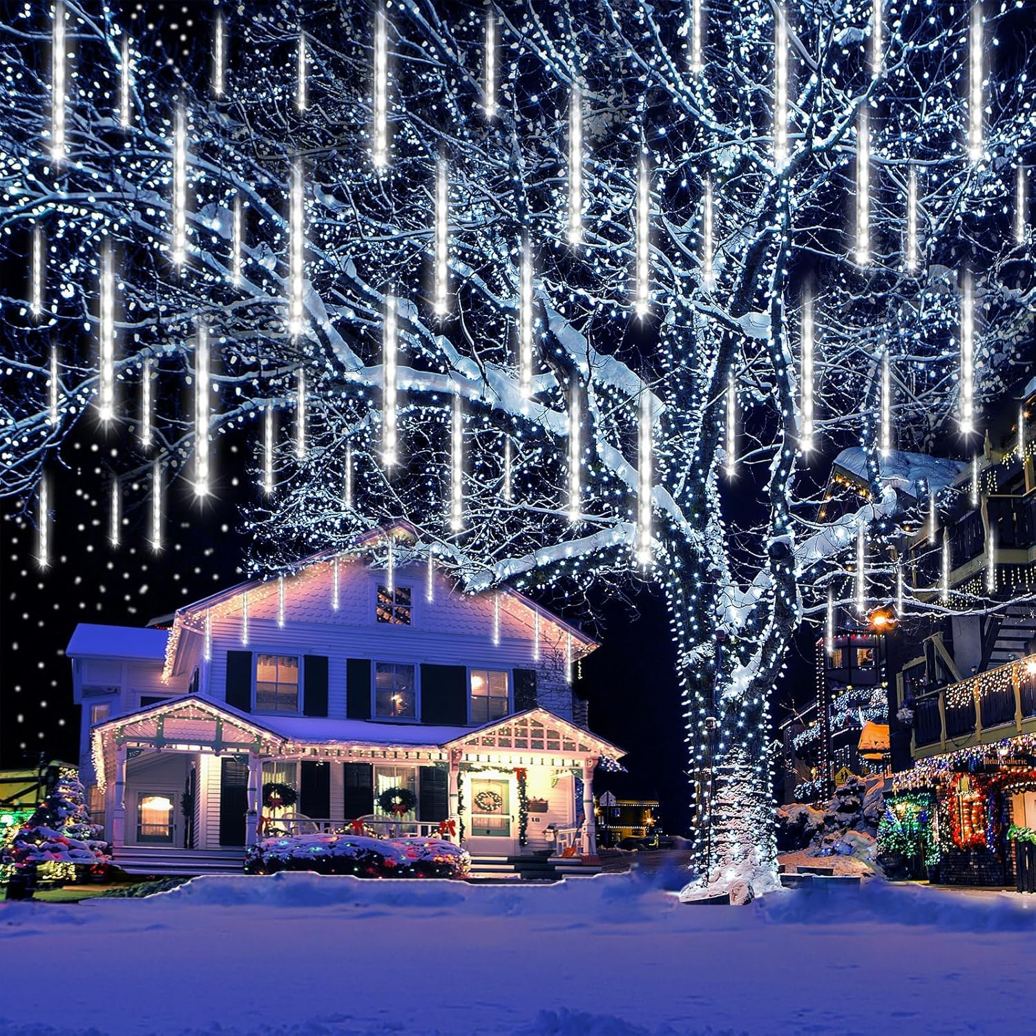 Kwaiffeo Christmas Lights Outdoor, 8 Tubes Meteor Shower Lights LED Snow Falling Icicle Cascading Light for Xmas Tree Wedding Decoration Party, UL Plug, White