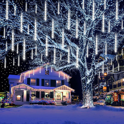 Kwaiffeo Christmas Lights Outdoor, 8 Tubes Meteor Shower Lights LED Snow Falling Icicle Cascading Light for Xmas Tree Wedding Decoration Party, UL Plug, White