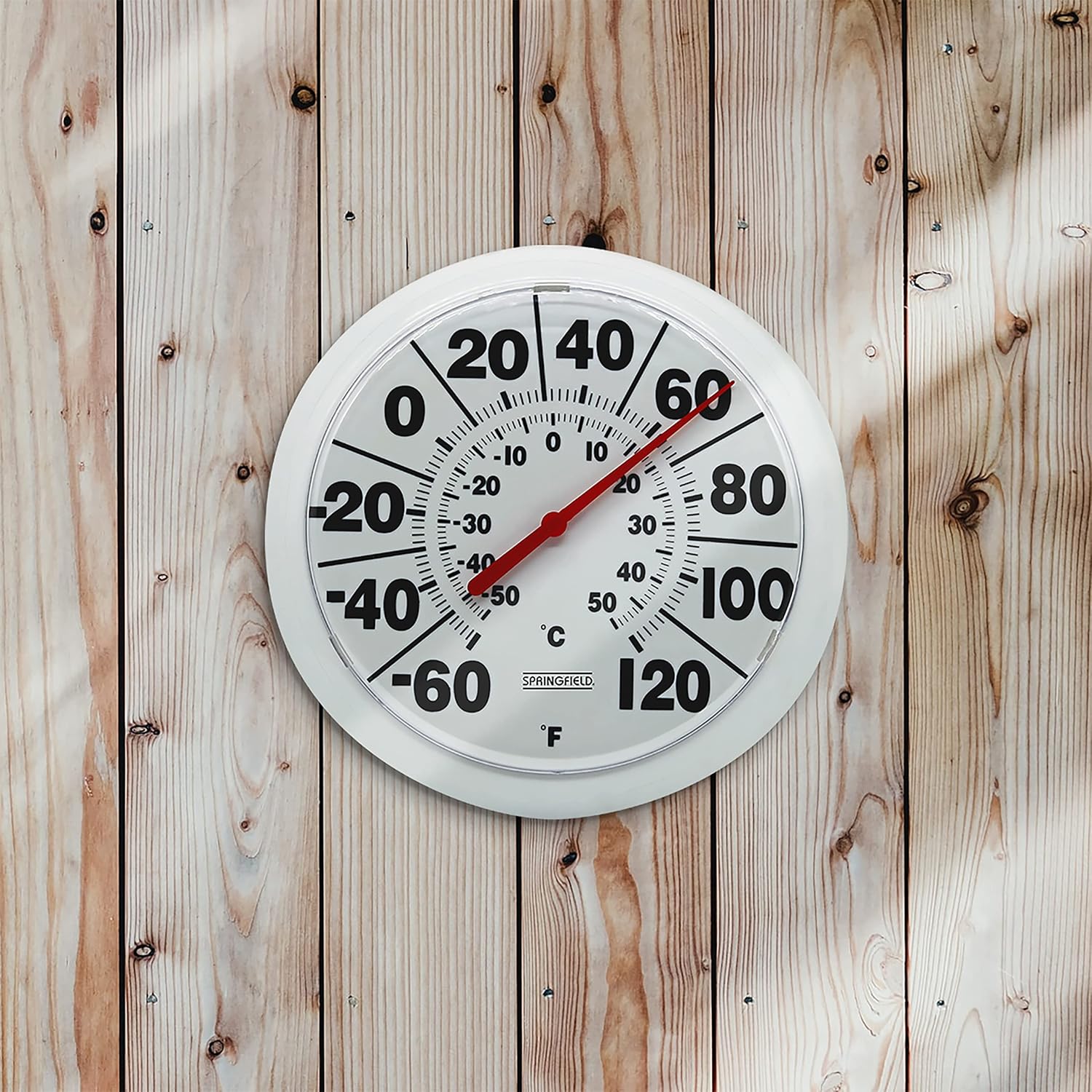 Springfield Indoor Outdoor Big Dial Thermometer, Wireless with Large Easy-to-Read Numbers, 8-Inch Dial for Patio, Pool, or Indoor Use, White Finish