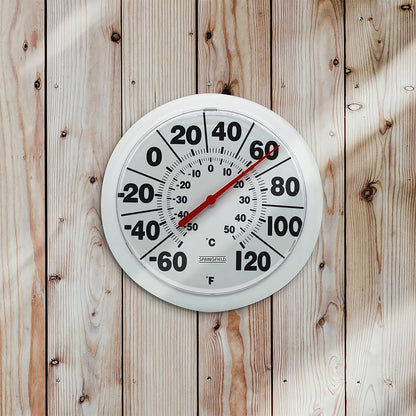 Springfield Indoor Outdoor Big Dial Thermometer, Wireless with Large Easy-to-Read Numbers, 8-Inch Dial for Patio, Pool, or Indoor Use, White Finish