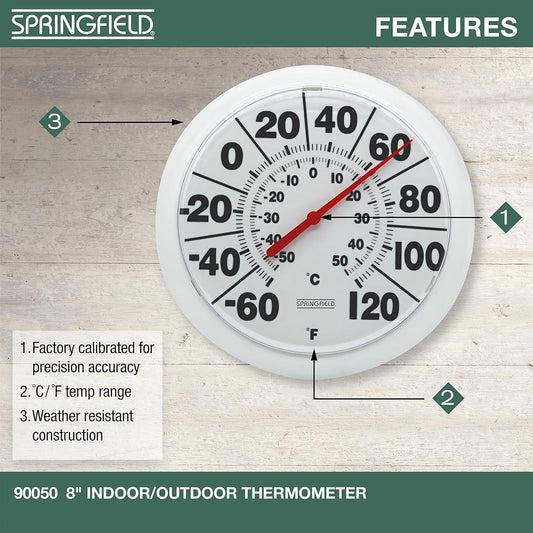 Springfield Indoor Outdoor Big Dial Thermometer, Wireless with Large Easy-to-Read Numbers, 8-Inch Dial for Patio, Pool, or Indoor Use, White Finish
