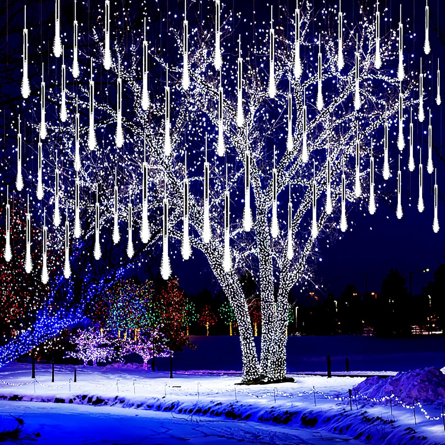 Kwaiffeo Christmas Lights Outdoor, 8 Tubes Meteor Shower Lights LED Snow Falling Icicle Cascading Light for Xmas Tree Wedding Decoration Party, UL Plug, White