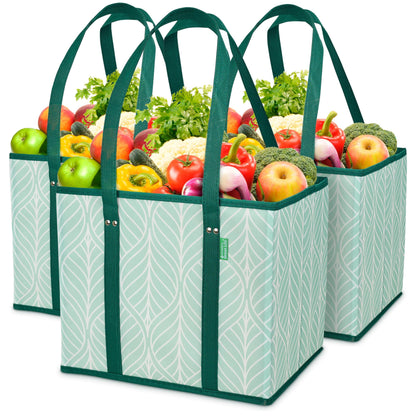 Reusable Grocery Bags (3 Pack) – Heavy Duty Reusable Shopping Bags with Box Shape to Stand Up, Stay Open, Fold Flat – Large Tote Bags are Foldable with Long Handles & Hard Bottom (Navy Blue)