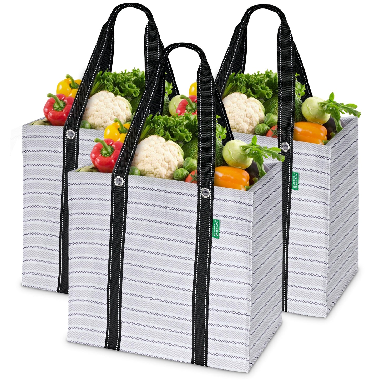Reusable Grocery Bags (3 Pack) – Heavy Duty Reusable Shopping Bags with Box Shape to Stand Up, Stay Open, Fold Flat – Large Tote Bags are Foldable with Long Handles & Hard Bottom (Navy Blue)