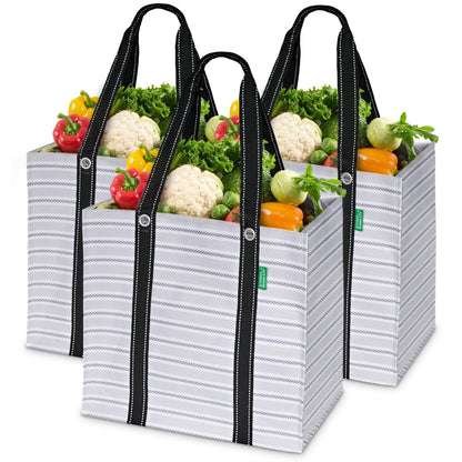 Reusable Grocery Bags (3 Pack) – Heavy Duty Reusable Shopping Bags with Box Shape to Stand Up, Stay Open, Fold Flat – Large Tote Bags are Foldable with Long Handles & Hard Bottom (Navy Blue)