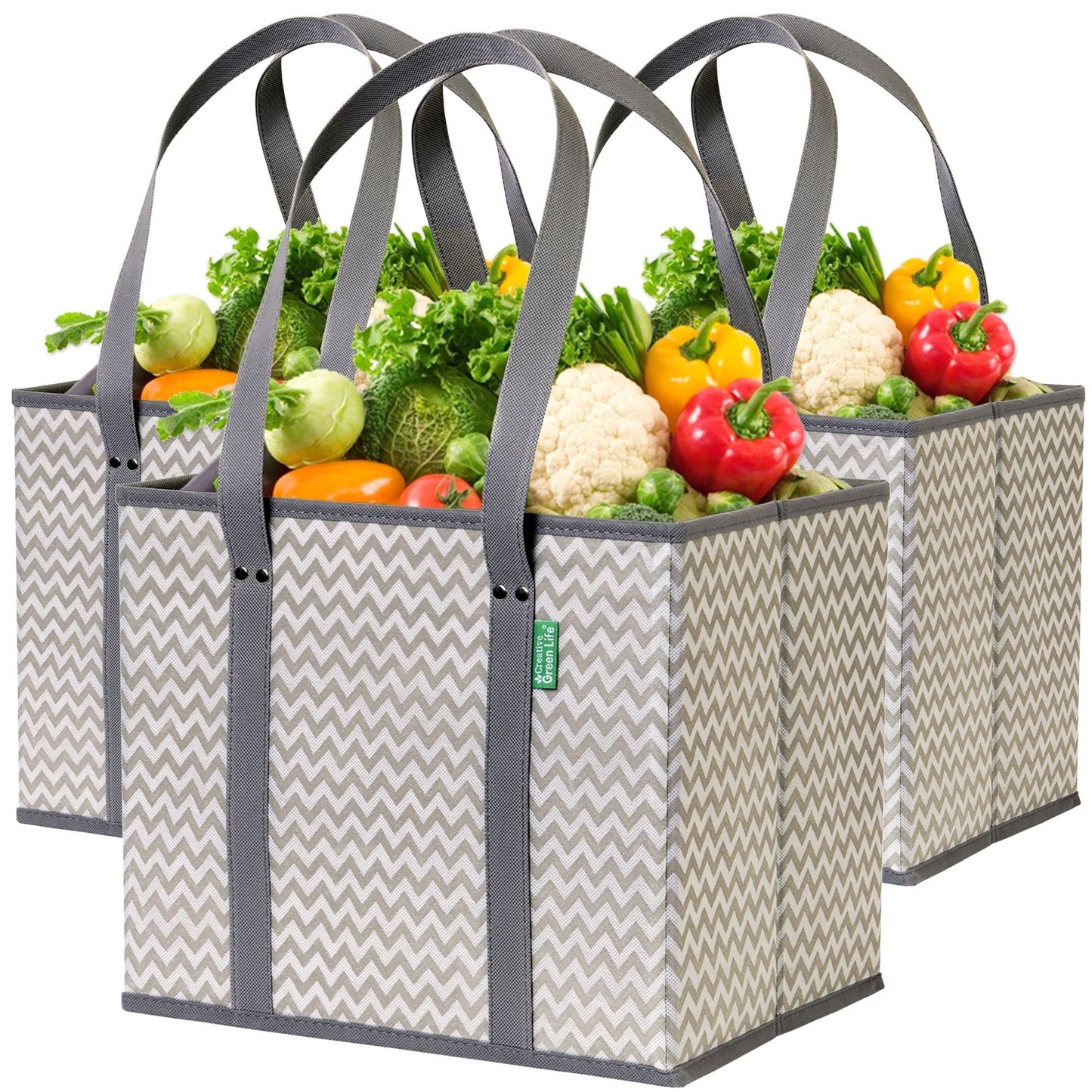 Reusable Grocery Bags (3 Pack) – Heavy Duty Reusable Shopping Bags with Box Shape to Stand Up, Stay Open, Fold Flat – Large Tote Bags are Foldable with Long Handles & Hard Bottom (Navy Blue)