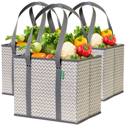 Reusable Grocery Bags (3 Pack) – Heavy Duty Reusable Shopping Bags with Box Shape to Stand Up, Stay Open, Fold Flat – Large Tote Bags are Foldable with Long Handles & Hard Bottom (Navy Blue)