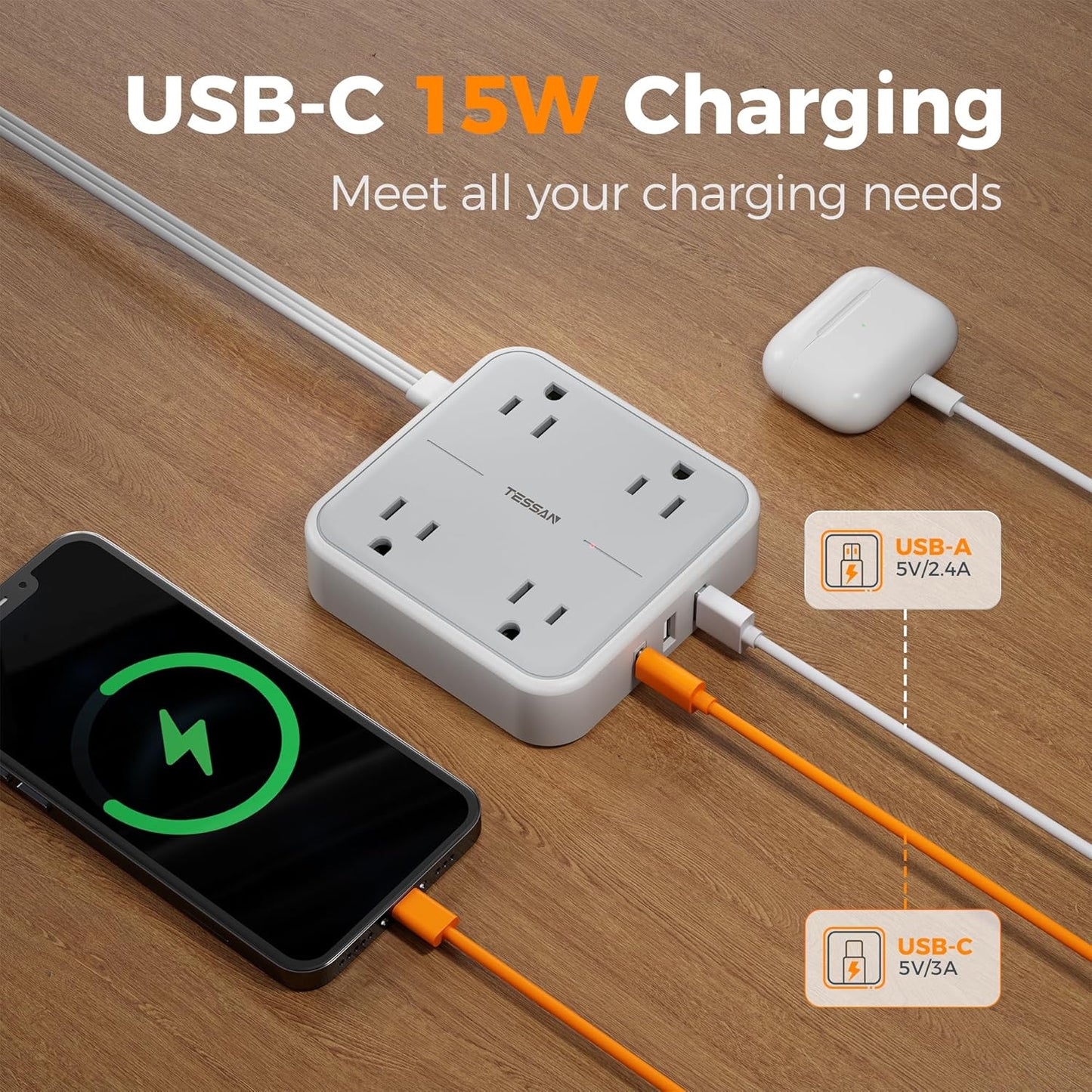 Surge Protector Flat Extension Cord 5Ft, TESSAN Flat Plug Power Strip with 4 Outlets 3 USB Ports (1 USB C), 900 Joules Protection, Multiple Wall Outlet Extender Suitable for Home Office Dorm, Grey